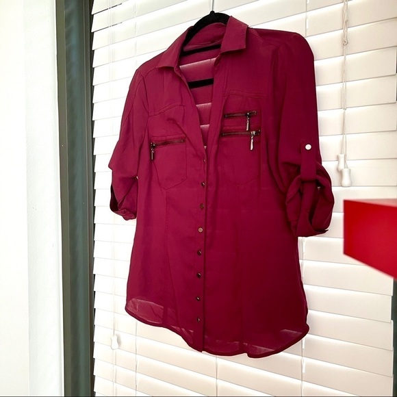 Bebe Burgundy Button Down Zip Pocket 3/4 Sleeve. Sz S πββοΈππ» - Picture 4 of 15